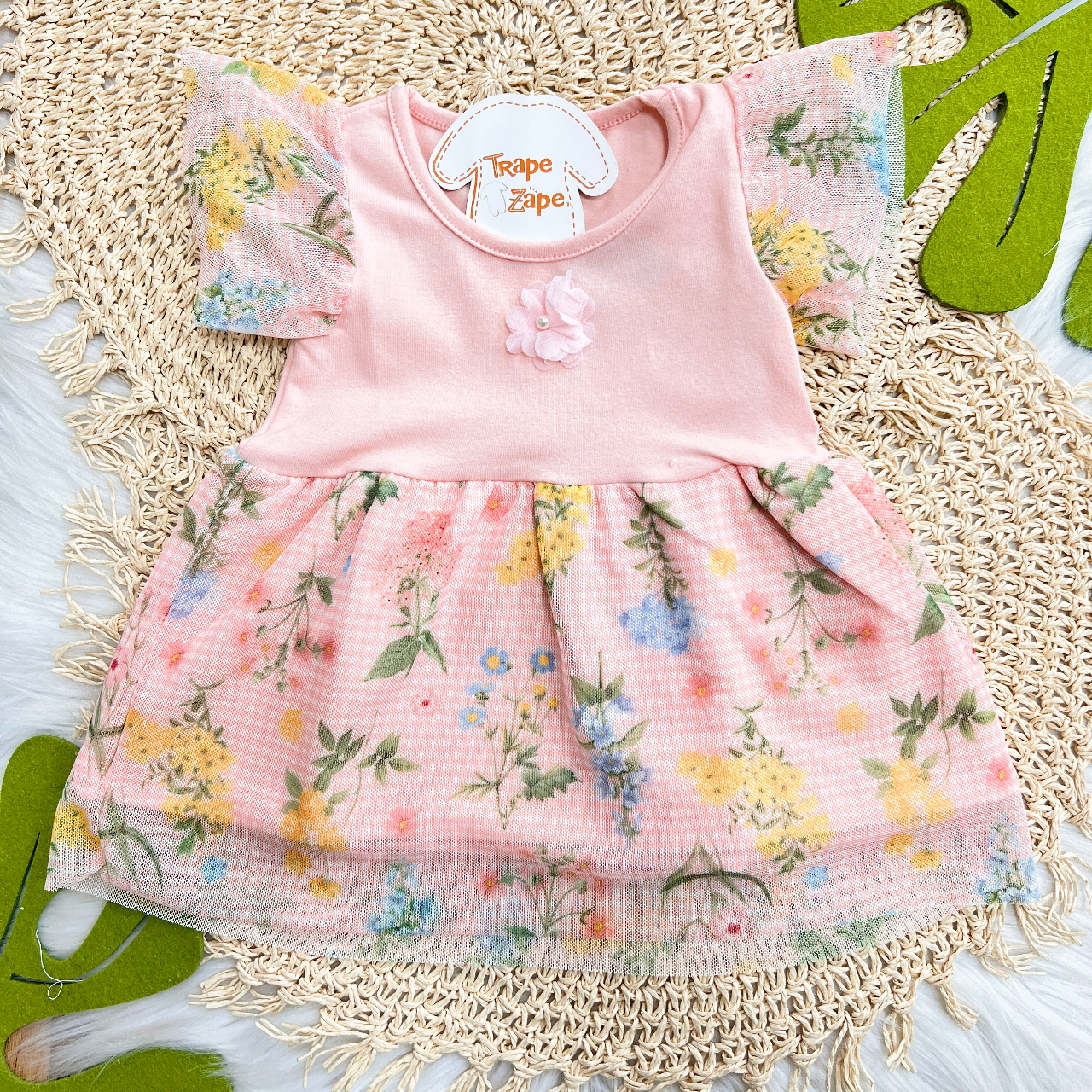 Vestido com Florzinha e Tule Floral - Pêssego 